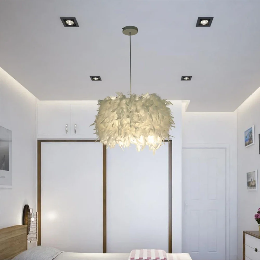 Modern Feather LED Pendant Lamp E27 Lamp Holder Fairy Hanging Light Goose Feather Bedroom Dining Room Loft Ceiling Chandelier