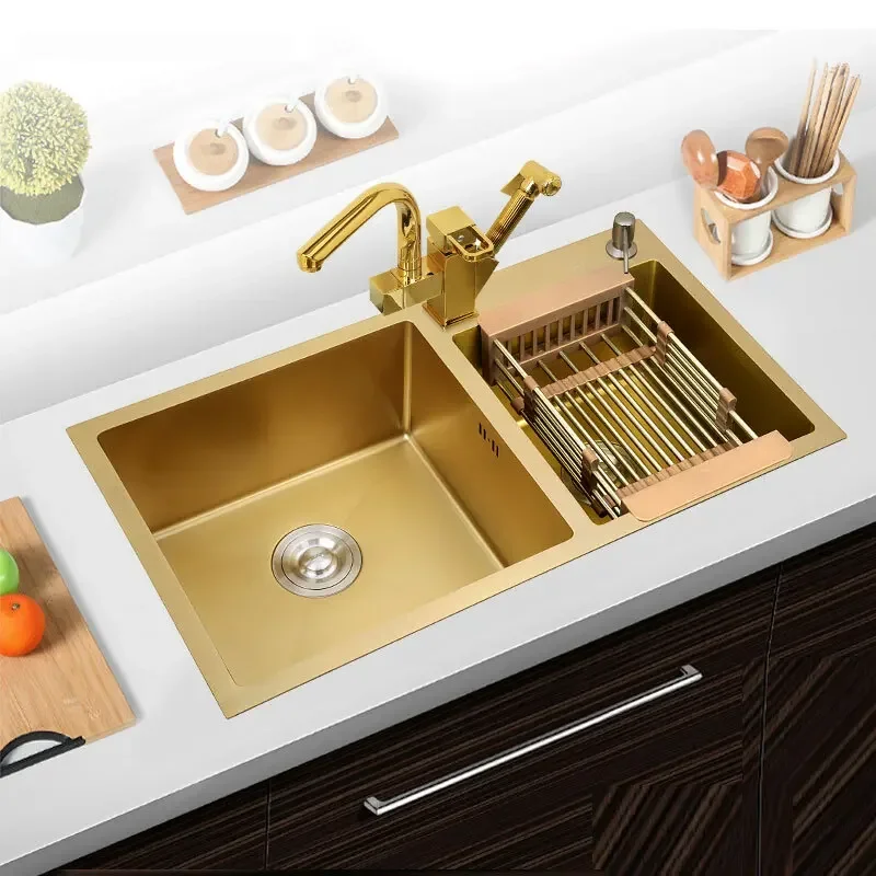 

Gold Kitchen Sink 304 Stainless Steel Double Basin Bar Sink for Above Counter or Undermount Installation Golden Finish