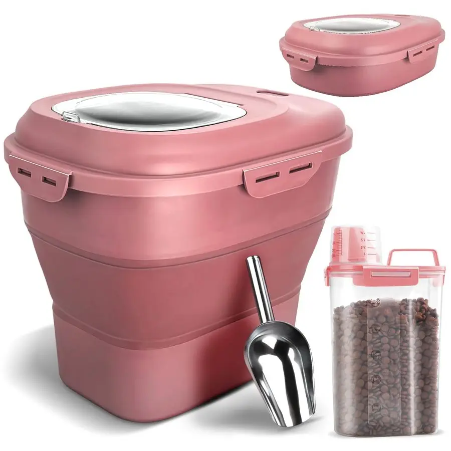 

Контейнер для хранения корма для собак, герметичный, складной, вместимостью от 13 до 30 фунтов, с откидной крышкой, на колесиках, с лопаткой и маленьким совком.