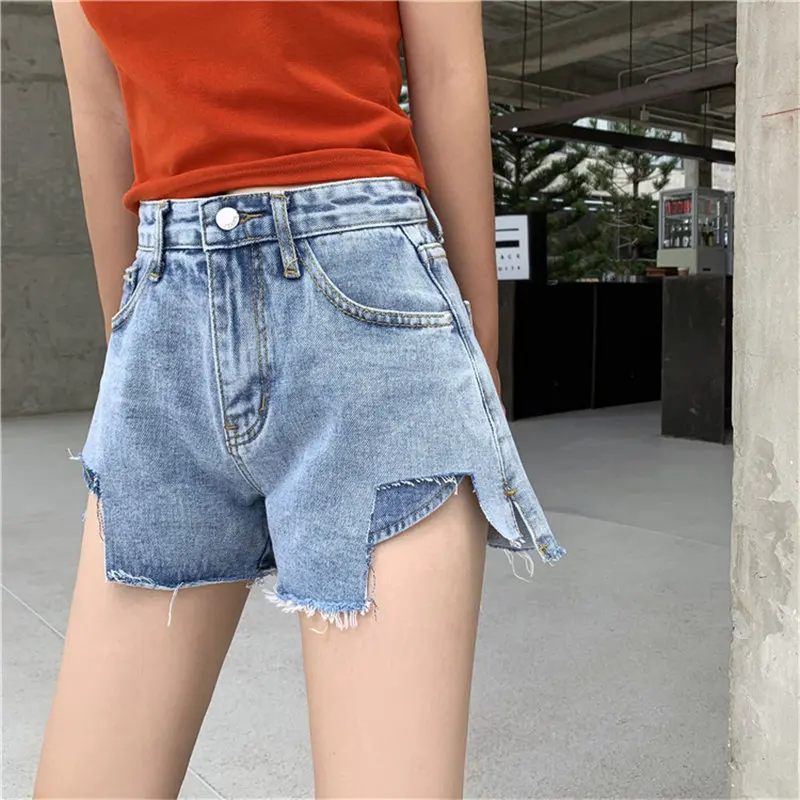 Women Fresh Low-waist Hot Stylish Irregular Solid Fur-trimmed Jeans Simple Loose Denim All Match Casual New Summer Blue Shorts