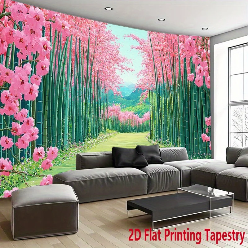 Tapisserie murale en polyester avec motif de fleurs de cerisier roses et forêt de bambou, décoration murale artistique, toile de fond photo esthétique pour salon