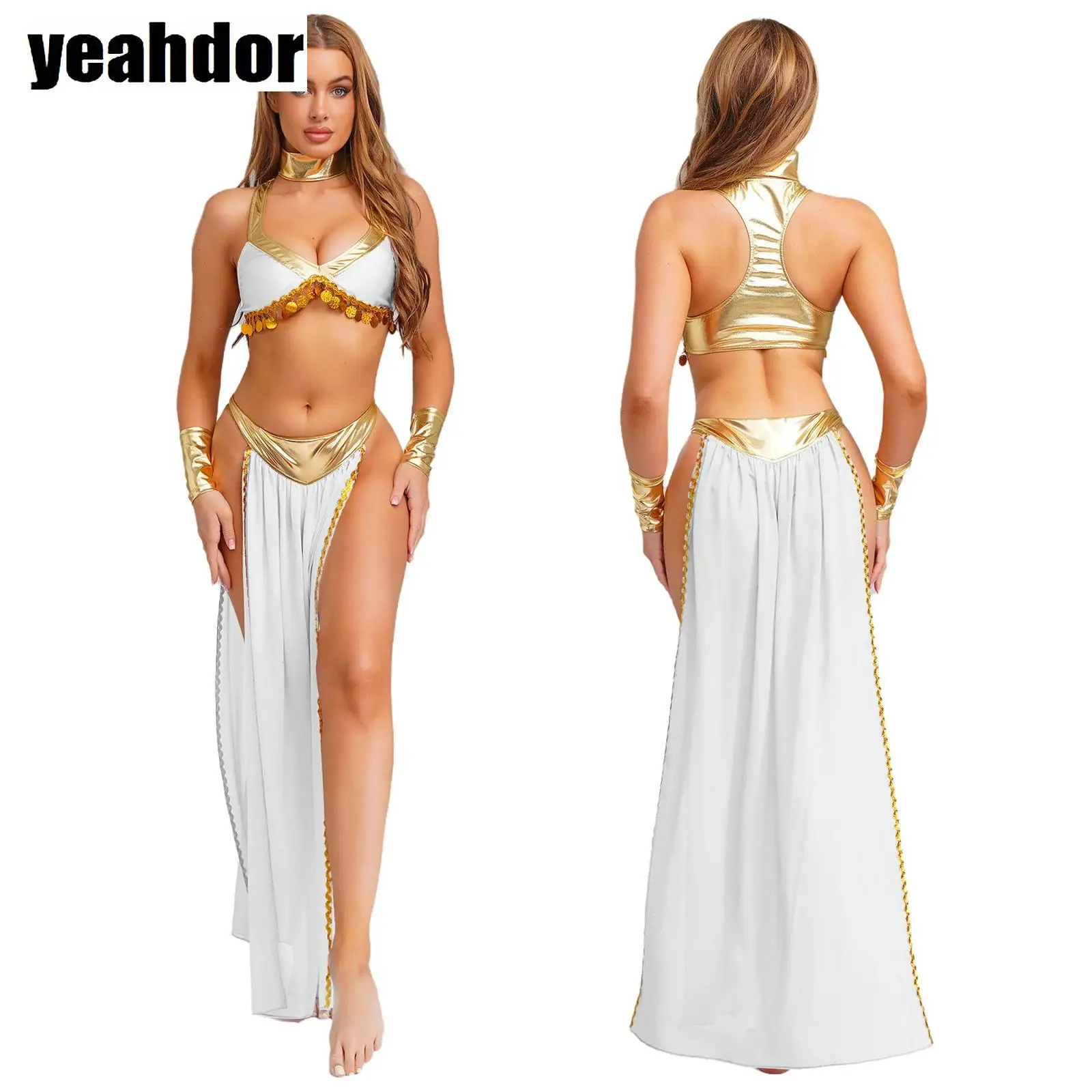 

Women Ancient Egyptian Queen Cosplay Outfits with Collar Crop Top with Chiffon Skirt Metallic Shiny Indian Belly Dance Costumes