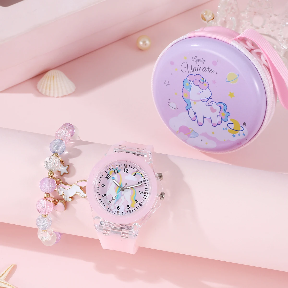 1PCS Girl Cute Student Little Fresh Unicorn Pink Light Quartz Silicone Watch +1Pcs Burst Bead Bracelet +1Pcs Pink Box Set