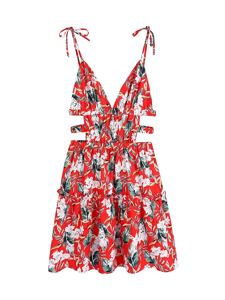 Summer Beach Dress Women 2022 Vacation Frill Trim Floral Print Dress V Neck Sleeveless Tie Strap Waist Cut Out Sexy Mini Dress