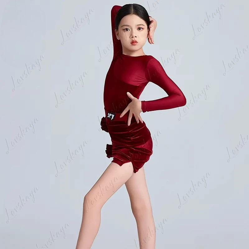 Terno de treinamento de dança latina infantil – novo estilo outono-inverno – roupa de veludo vermelho para performance profissional para meninas
