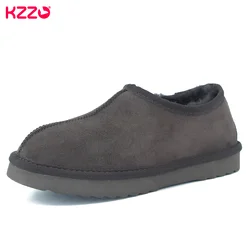 KZZO 2025 Fashion Winter Genuine Leather Short Mini Snow Boots Men Natural Sheep Fur Wool Lined Casual Warm Shallow Lazy Shoes