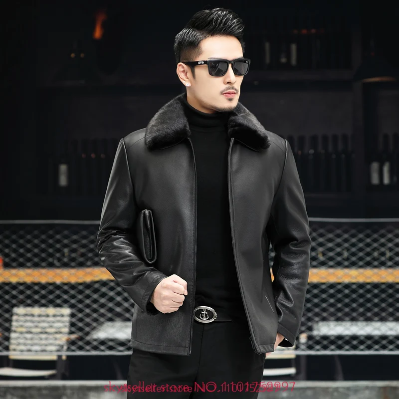 Fur coat Genuine Leather Jacket  Men sheepskin coat  Leather Coat  Mens cony hair  liner shearling Jacket