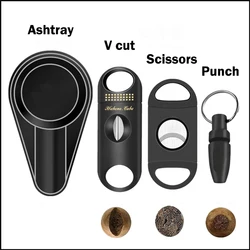 2023 Black Cigar Cutter Set Pocket Ashtray V-Cut Sharp Cigar Scissors Guillotine Puncher Knife Gadget Cuba Cigar Accessories