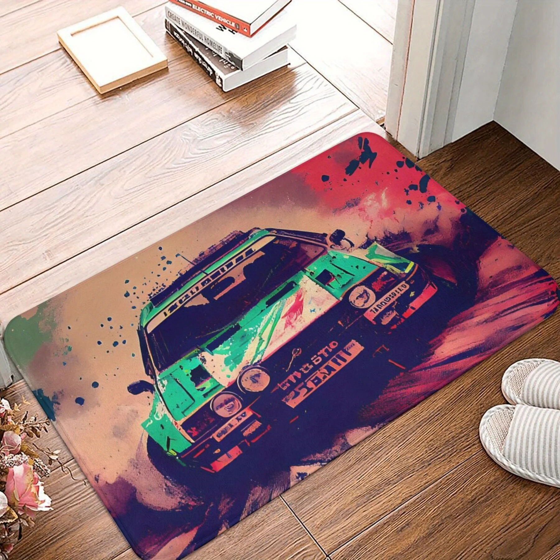Retro Car Graphic Doormat Mat Entrance Floor Mat Electric Vehicle Pop Art Design for Home Entryway 40x60cm