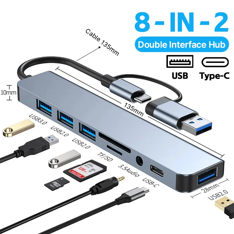 8-in-2 Port USB C Expander USB 3.0 Hub Type C Splitter Type C Dock Multiport 8 Port Adapter USB Expander For Xiaomi Phone Tablet