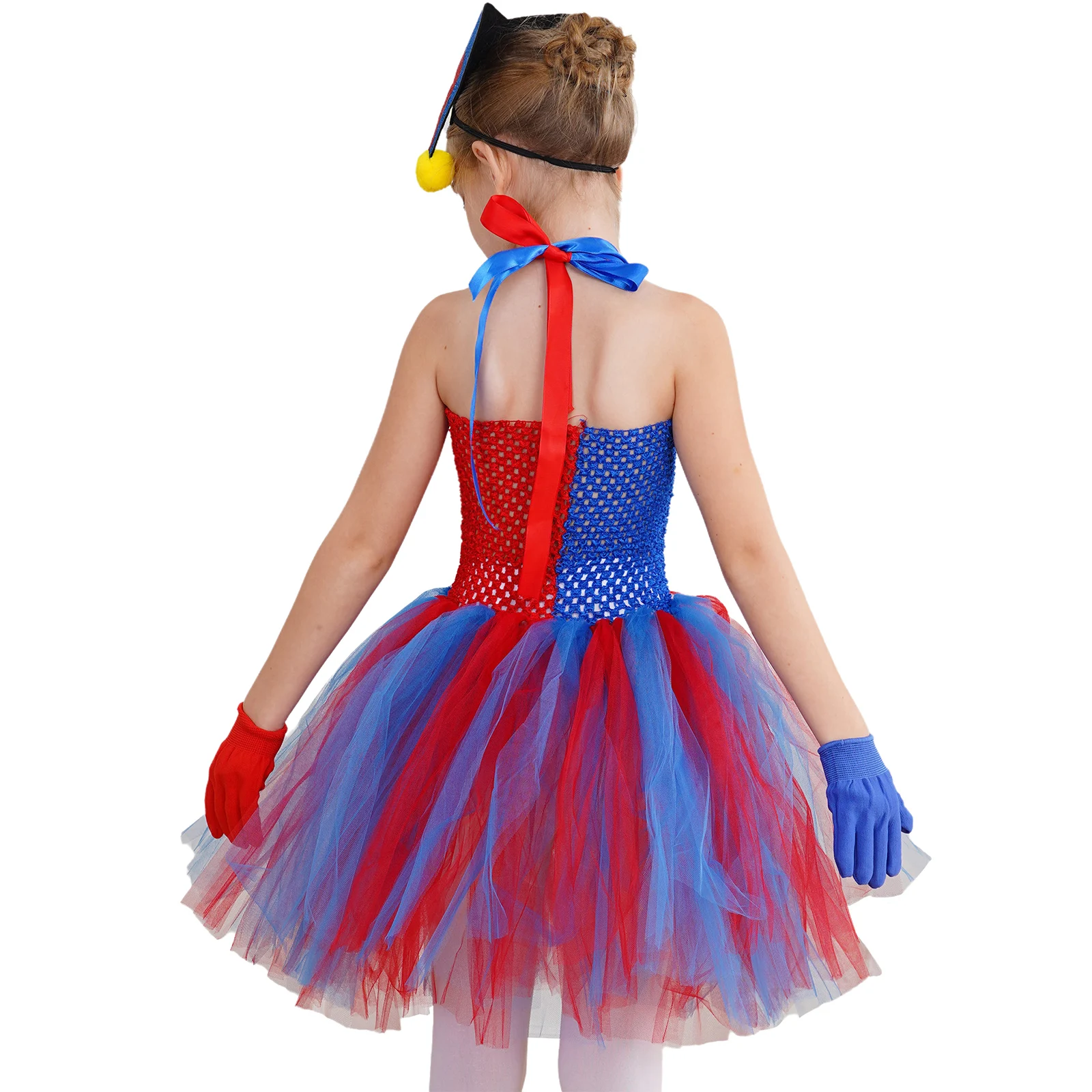 Kinder Mädchen Halloween Zirkus Clown Cosplay Kostüm Ärmelloses Neckholder Mesh Kleid mit Hut Handschuhe Set für Karneval Dress Up