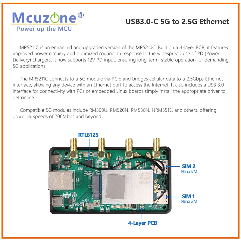 (รุ่น:MR5211C)M.2 5G to 2.5G Ethernet(RJ45) USB3.0-C,CNC Case,สนับสนุน RM521F,RM520N,RM510Q และ RM500Q,win10/11,RTL8125