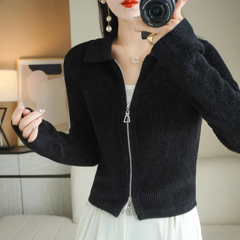 Women Autumn Winter Soft Wool Sweater Polo Collar Thicken Knitted Double Zipper Cardigan Basis Short Top Cashmere Female Coat