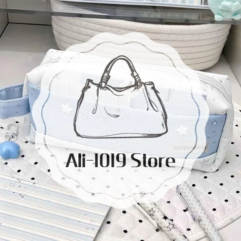 Fashion Polka Dot Stars Handheld Pencil Case Portable Large Capacity Storage Pen Bag Student School Office Stationery