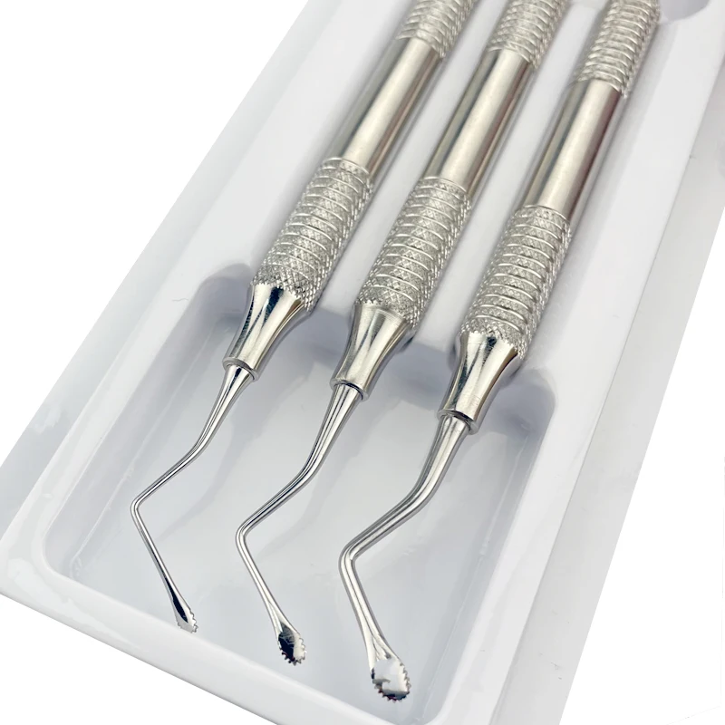 Curetas dentales dentadas profesionales de acero inoxidable, herramientas de instrumentos para implantes óseos periodontales, 3 unidades por juego