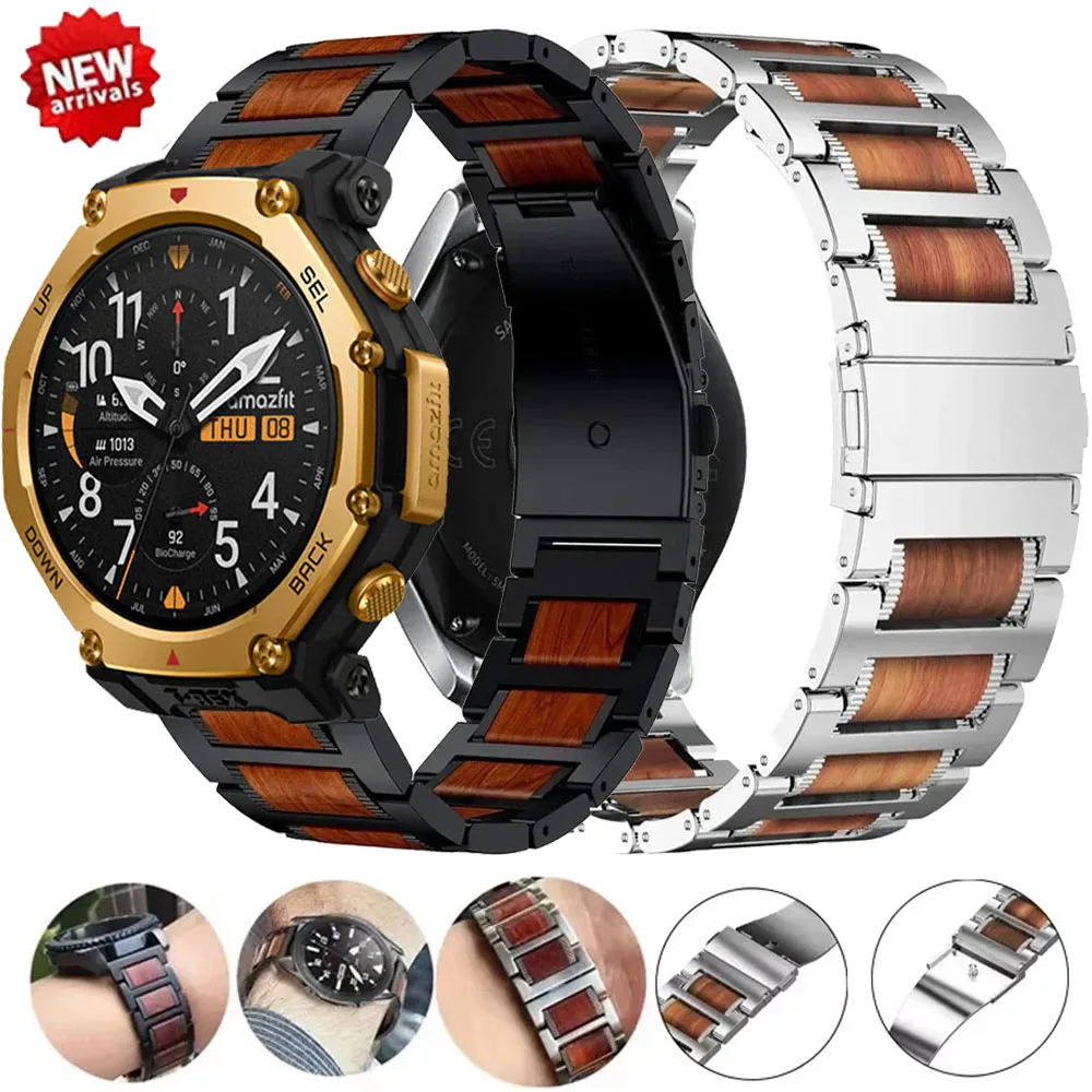 Stainless Steel+Wooden Strap For Amazfit T-Rex3 Pro 48mm Fashion Band For Amazfit Cheetah Pro/Round/Balance 2/GTR 4 3 2/Bip 6 5