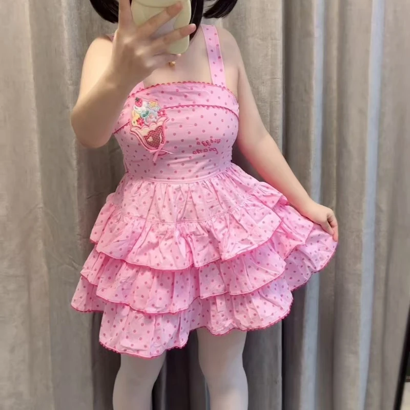 2025 giapponese Kawaii Lolita stile cinturino vestito da donna dolce gelato ricamo a pois stampa torta abiti Y2k partito mini abito