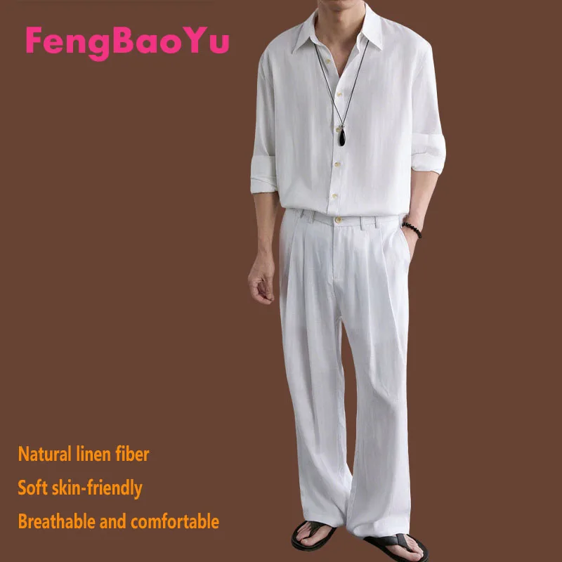 

Feng Baoyu 100% Natural Linen Men's Set Shirt and Straight Pants (2 Pieces) Simple and Comfortable for Spring Summer Casual Wear