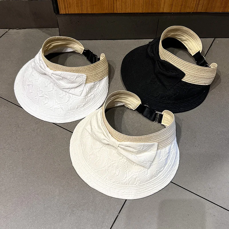 Seersucker plisado pequeño de paja para mujer, sombrero vacío, visera de lazo, sombrero de sol colgante grande con bloque solar