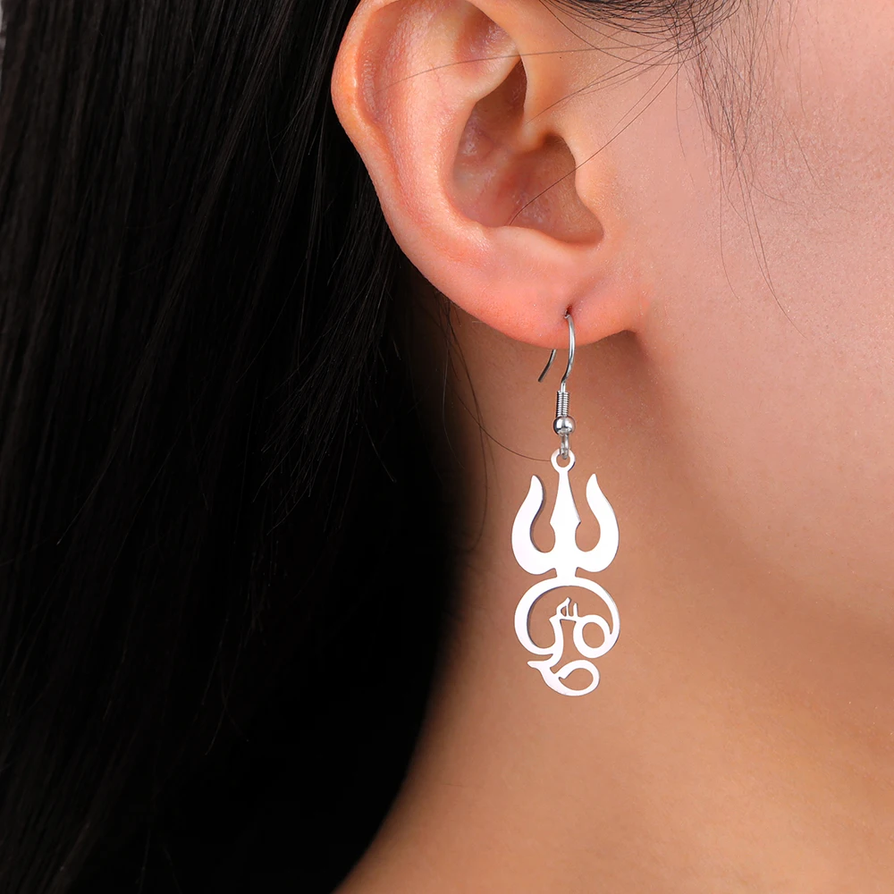 Dawapara Trident Tamil OM Symbol Women Earrings Weapon of Siva Protection Amulet Hindu Spiritual Pendant Stainless Steel Jewelry