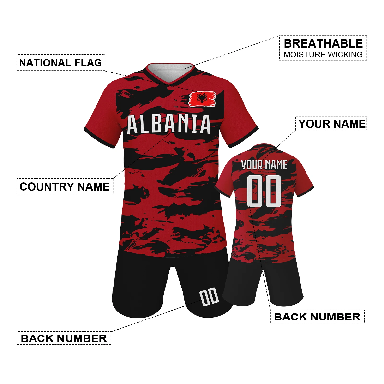 

Футбольный трикотаж Албании на заказ, детский футбольный комплект с персонализированным именем и номером, рубашки футбольной команды, шорты, подарки для фанатов для мальчиков и девочек