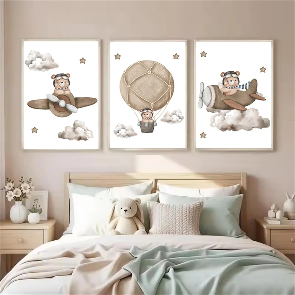 Cartoon Playing Airplane Teddy Bear Wall Art Canvas Painting Clouds Hot Air Balloon Posters and Prints Nursery Kids Room Decor