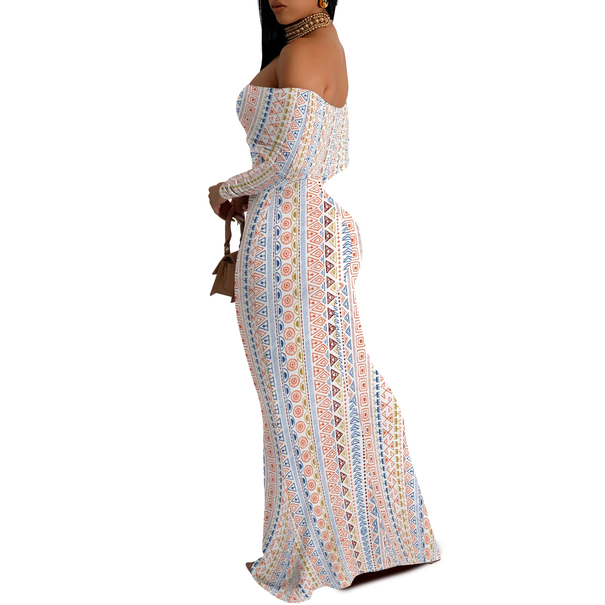 Sukienka maxi z odkrytymi ramionami Kolorowa sukienka w paski z długim rękawem Boho Bodycon Sukienka na wakacje