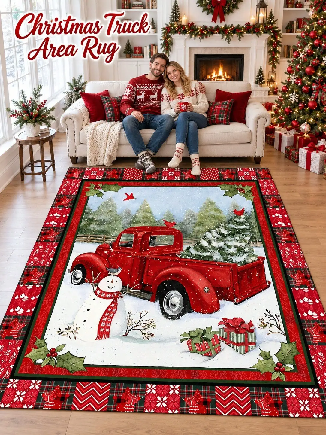Christmas Rug Pickup Truck Snowman Presents Living Room Bedroom Dining Area Entryway Floor Carpet Gift for Couples Family Neighbors Winter Thanksgiving Birthday Anniversary Housewarming Apartment Cabin Farmhouse Home Styling Sofa Side Reading Nook
