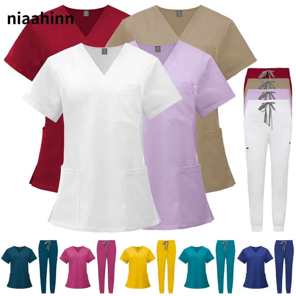 Abbigliamento da lavoro da laboratorio Scrub sanitari accessori per infermiere Scrub classico con scollo a v tute da jogging uniformi multicolori per saloni di bellezza da donna