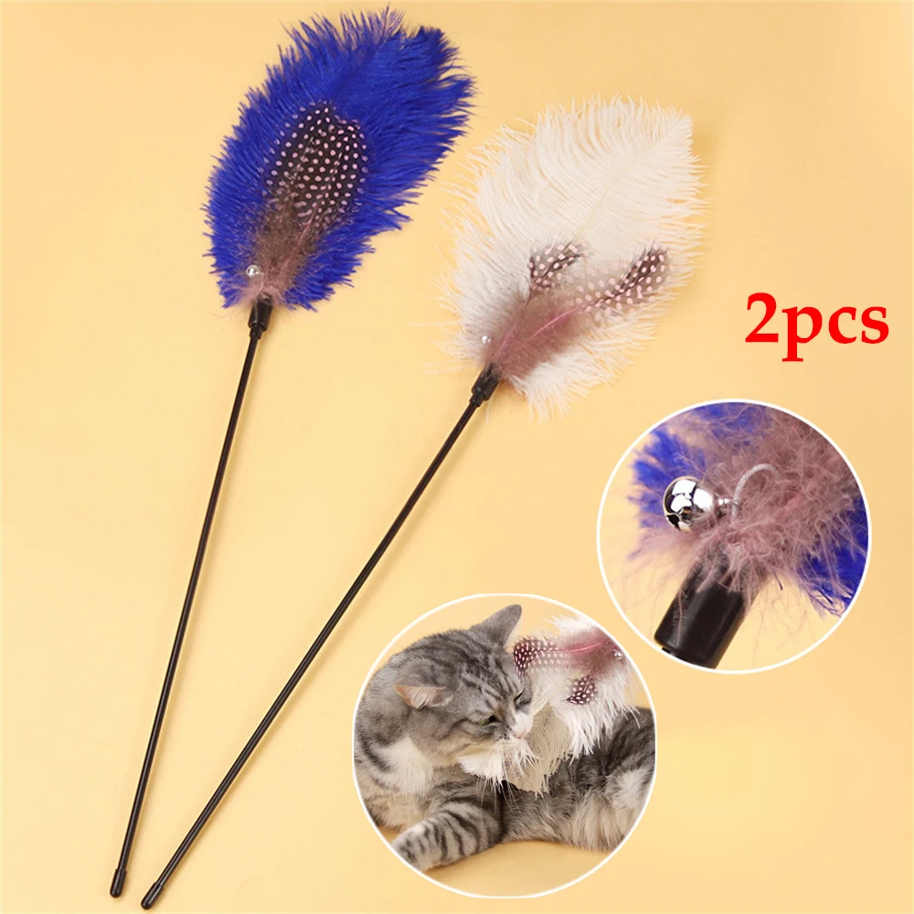 

2pcs Cat Teaser Stick Anti-Bite Pole with Ostrich Feather & Bells Indoor Kitten Training Interactive Toy Cat Scratching Wand Toy