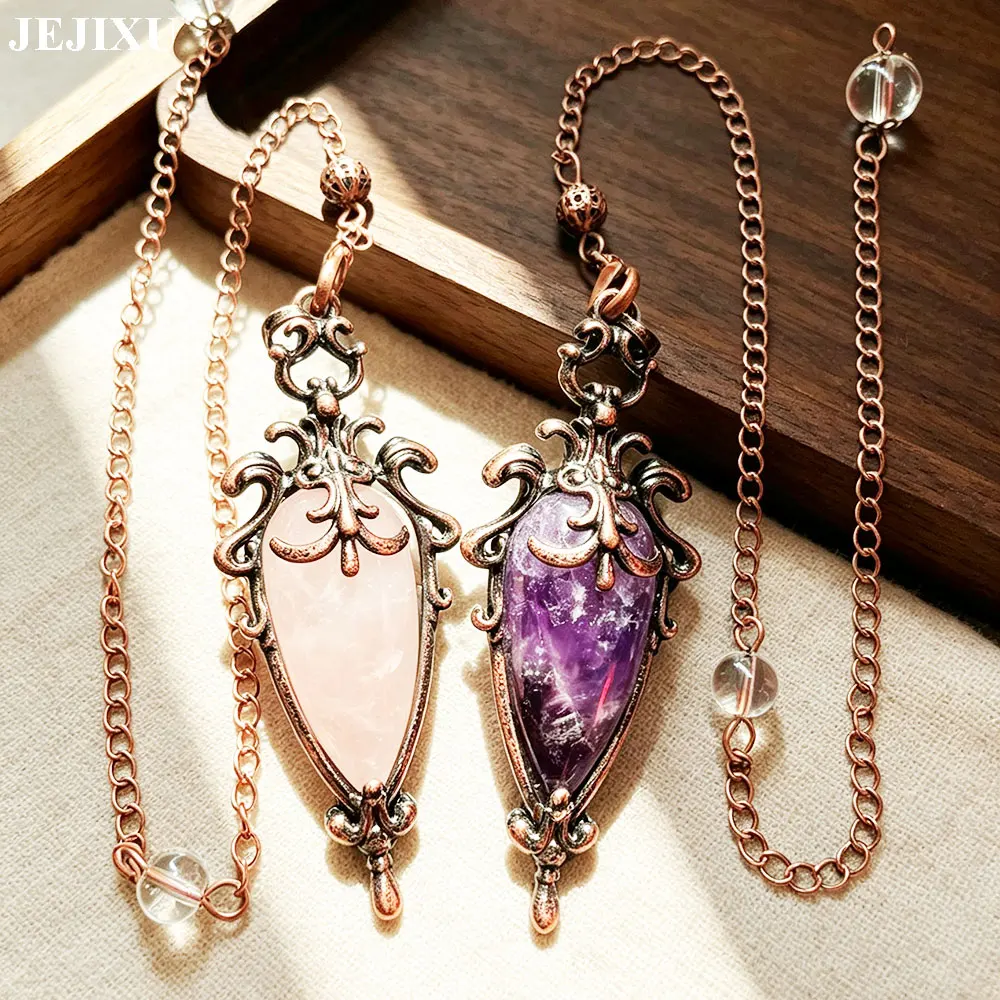Antique Metal Copper Crystal Pendulum for Divination Dowsing Natural Stone Pendant Amethysts Witchcraft Quartz Pendulos X490