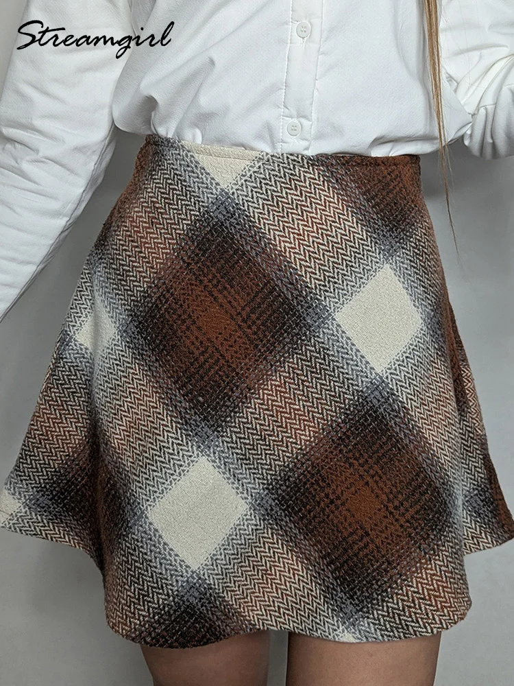 

Streamgirl Коричневые шерстяные мини-юбки в клетку для женщин с высокой талией Оранжевый трапециевидный зонтик Шерстяная короткая клетчатая юбка с застежкой-молнией Серый