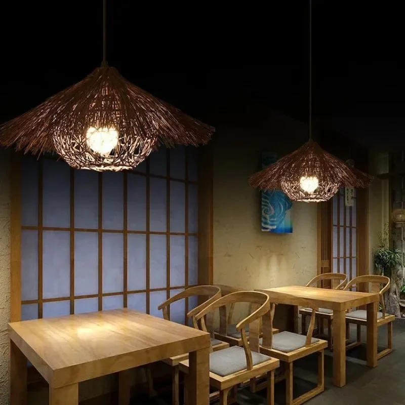 NEW Japanese Retro Hand Woven Rattan Led Chandelie Restaurant Bar Hanging Lamp Home Decor Hanging Lamp Pendant Lights