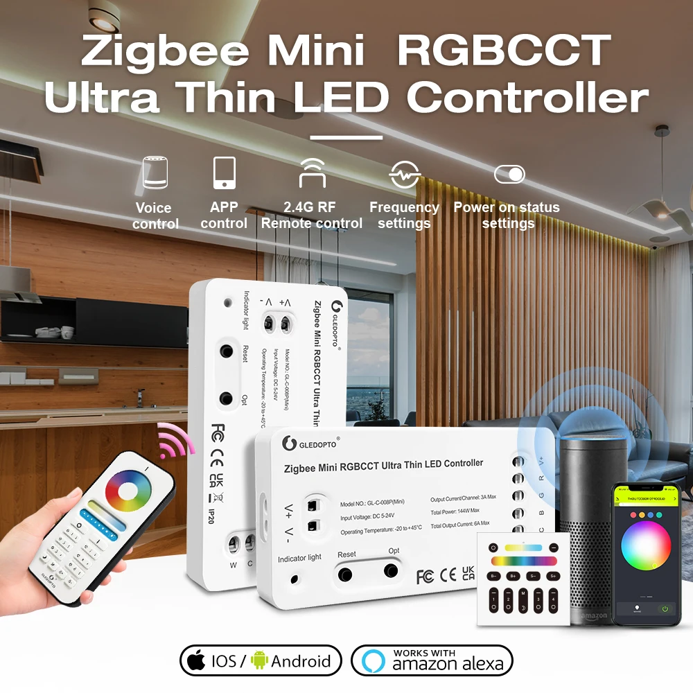 Gledopto SmartHome Zigbee 3.0 Ultra Thin Mini RGBCCT WWCW LED Light Strip Controller Kitchen Lighting Alexa Voice APP Control