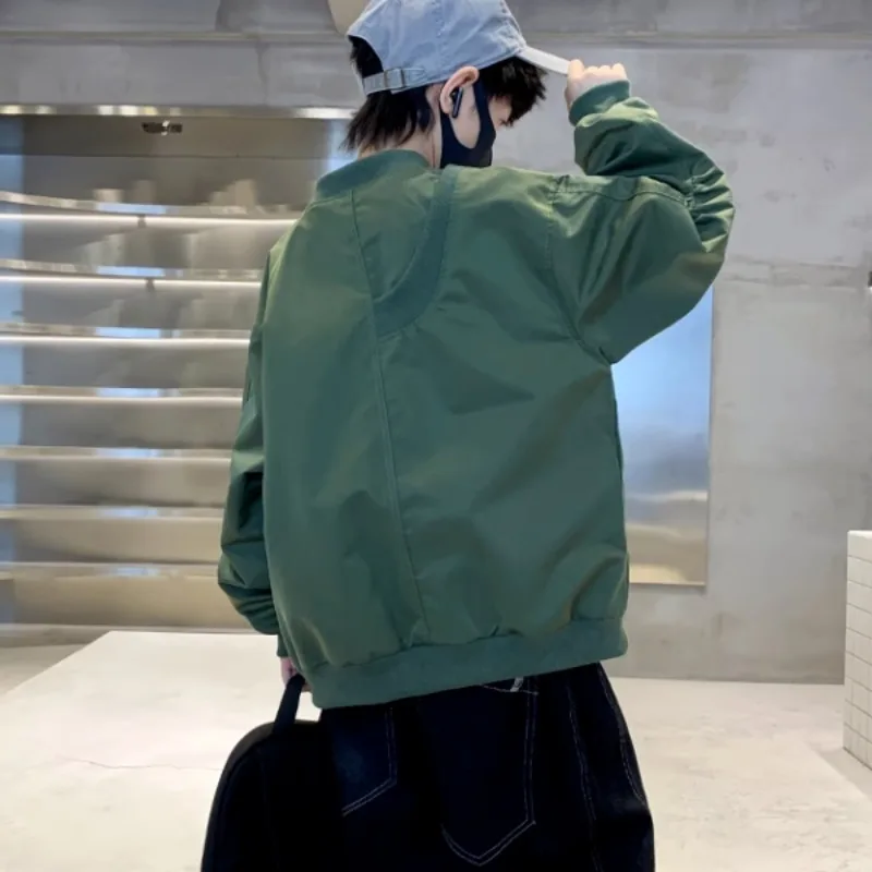 سترة بيسبول للأولاد لربيع وخريف 2025 بتصميم كوري، سترة سوداء فضفاضة برقبة دائرية مناسبة للأطفال الكبار #5