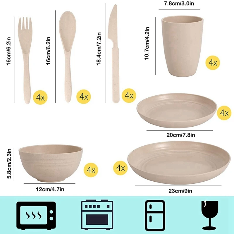 Dinner Sets, Camping Tableware Dinnerware Sets Of 4 (28Pcs), Picnic Camping Party Dinner Plate Mug Cutlery Set, Beige