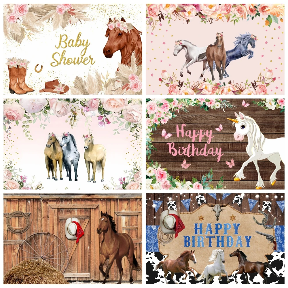 

Cowboy Horse Backdrop Stable Flower Baby Shower Girl Boy Birthday Party Photography Background Decor Banner Photo Studio Props