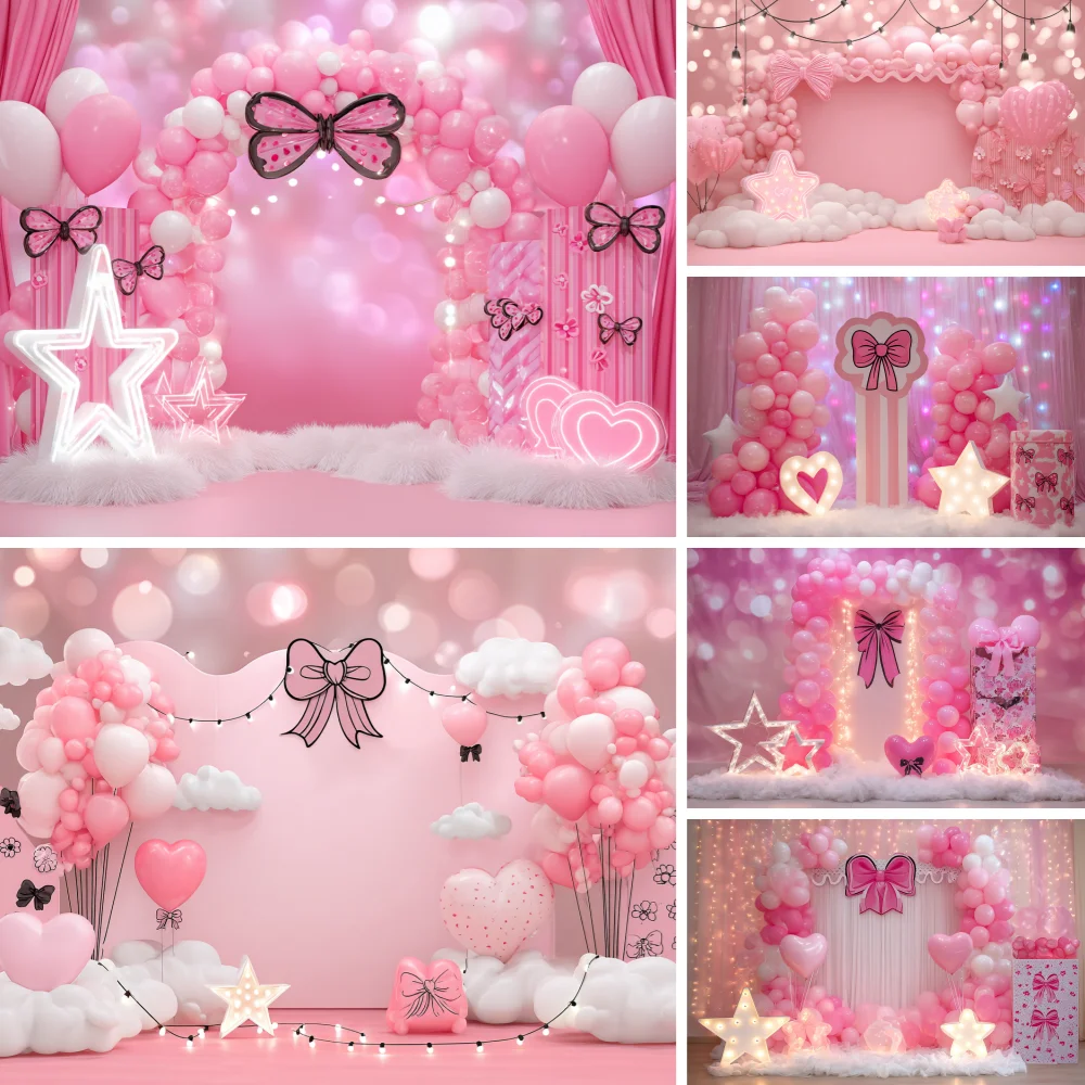 

Pink Bow Pearl Arch Photography Backdrop Kids 1st Birthday Party Decor Baby Shower Background Cake Smash Banner Photo Studio
