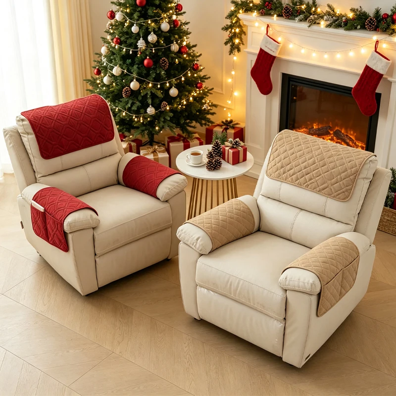 Christmas 3-Piece Quilted Recliner Chair Protector Set with Armrest & Headrest Covers Storage Pocket for Single Recliner Sofa