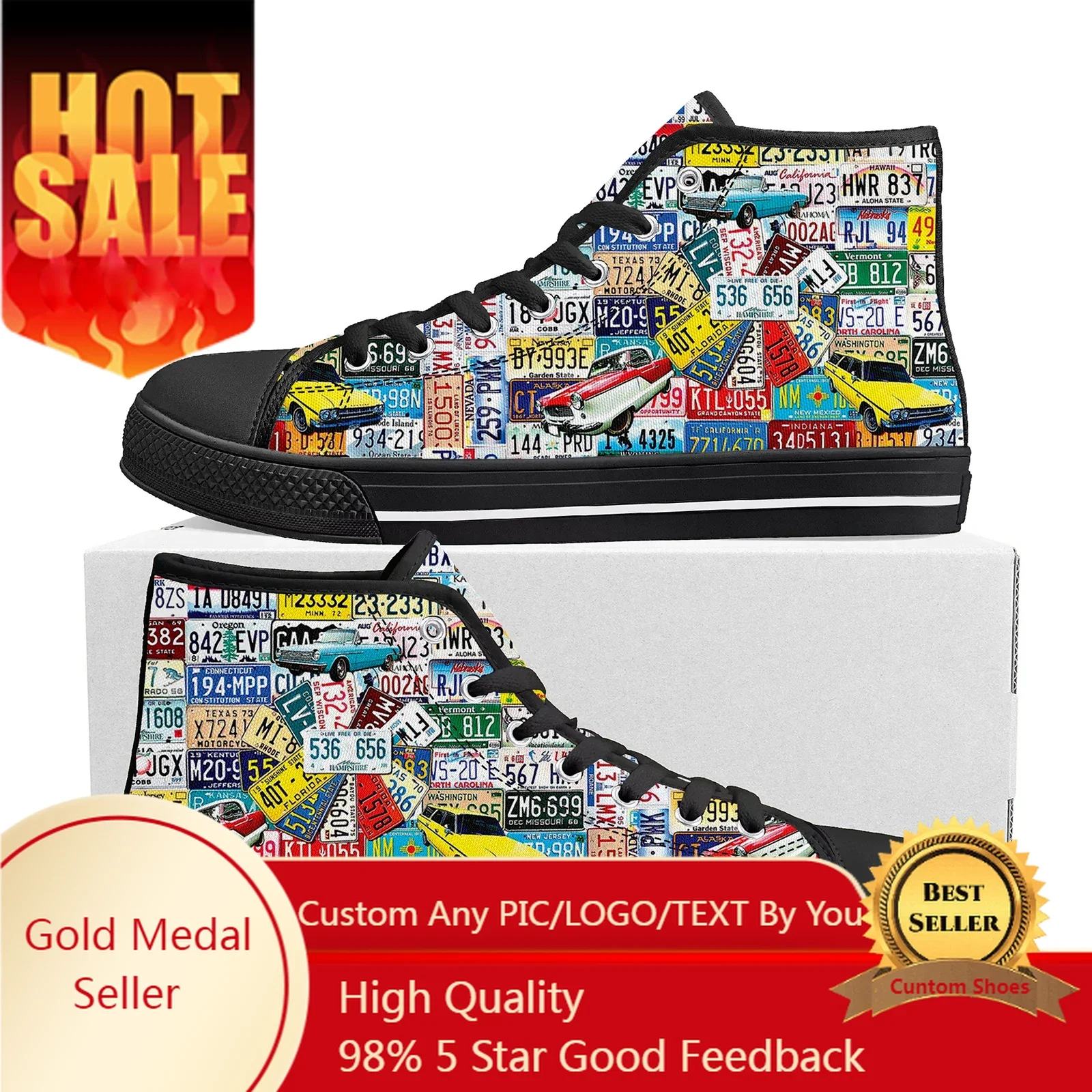 

License Car Plate Number Retro Novelty Design High Top High Quality Sneakers Mens Womens Teenager Canvas Sneaker Custom Shoes