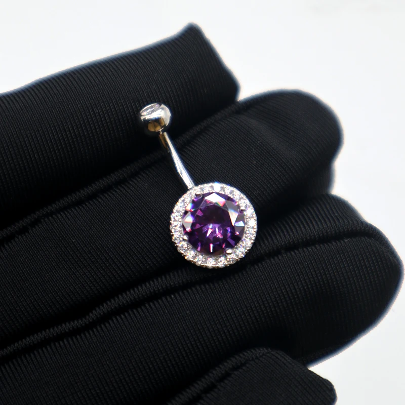MIQIAO 925 Sterling Silver Piercing Belly Button Rings Circular Purple Blue Pink White Yellow Champagne Aquamarine Women Jewelry