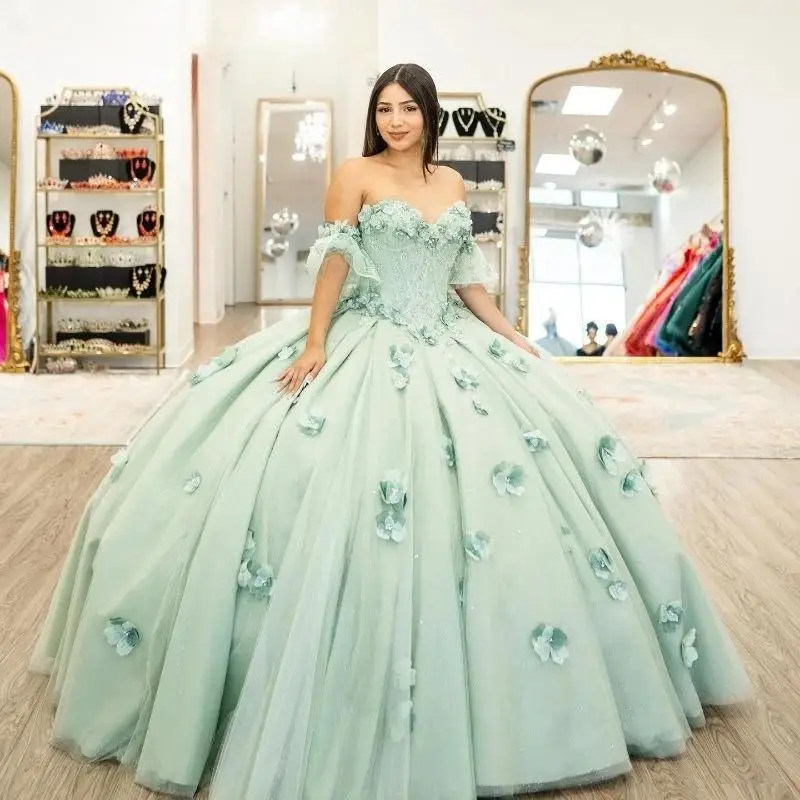 

Sage Green Quinceanera Dress Ball Gown 3D Flowers Applique Beading Mexico Corset Sweet 16 Vestidos De XV 15 Anos