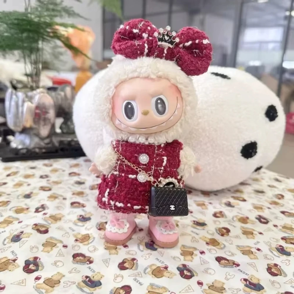 17cm Plush Doll's Clothes The Monster Labubu Outfit Accessories Clothing DIY Gift Black Camellia Dress Shoes Set YD02A