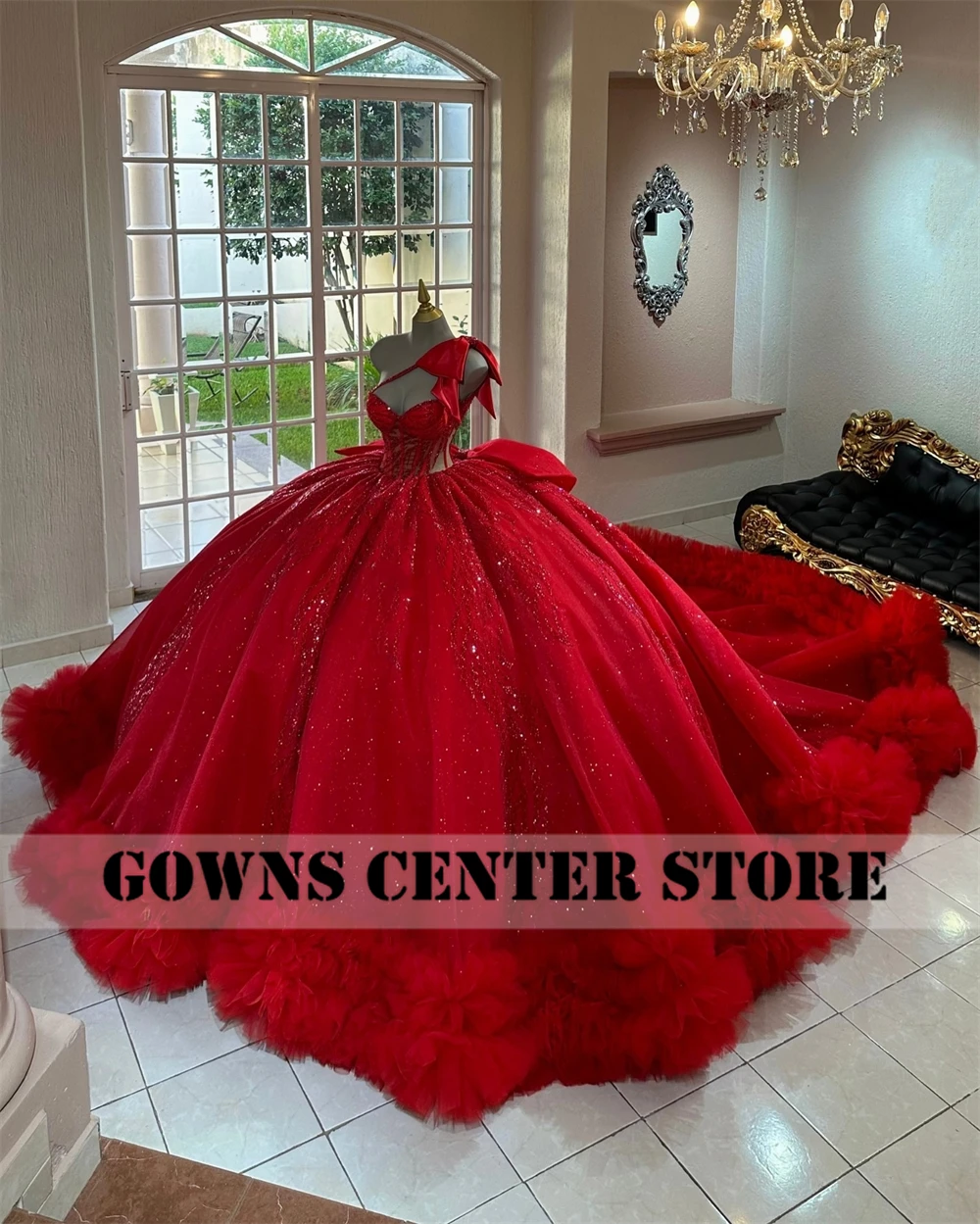 Red Puff Ruched Train Ball Gown Quinceanera Dress With Bow One Shoulder Beaded Appliques Sweet 15 Vestidos De 15 Años Customized image 2