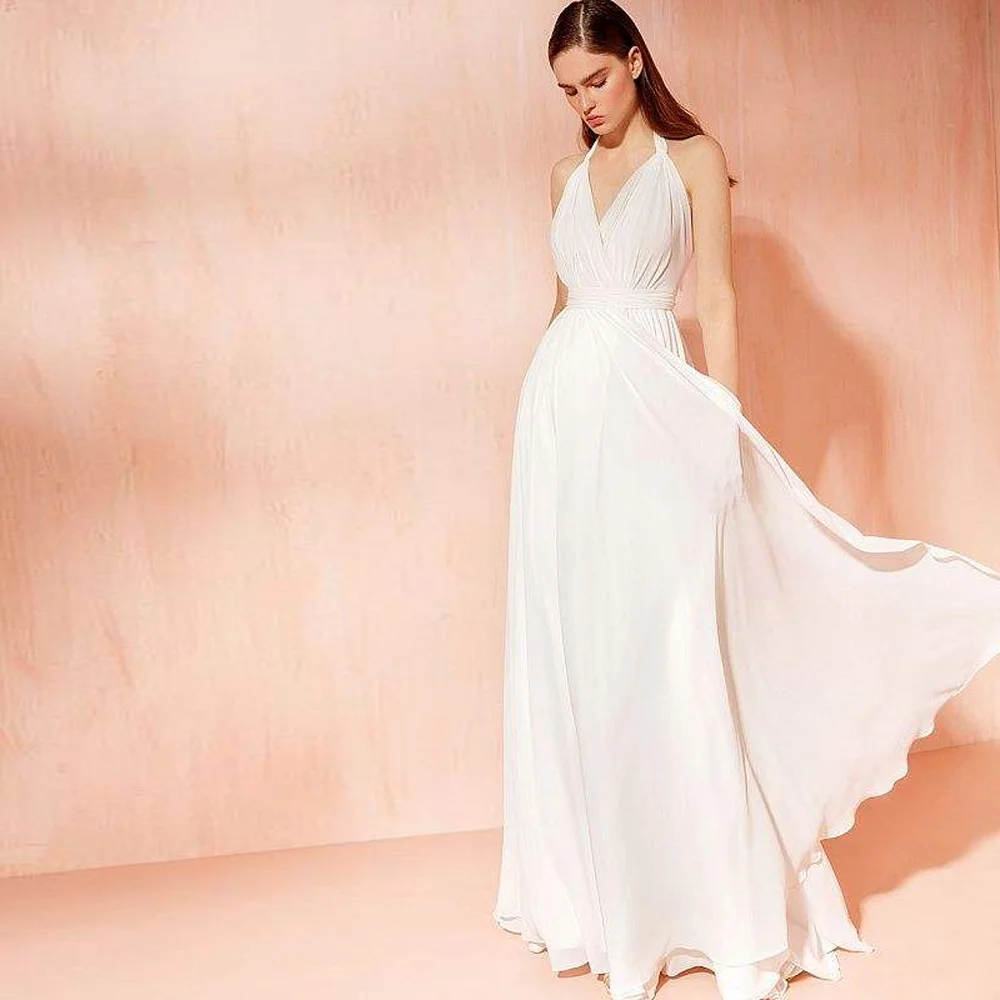 YCJ Halter Neck Wedding Dresses A Line Open Back Bridal Grown Floor Length Front Slit Sleeveless Tie Chiffon свадебное платье