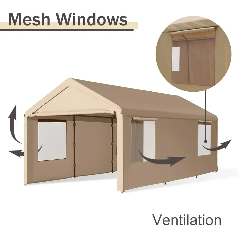 10'x20' Heavy Duty Carport with Roll-up Ventilated Windows, Portable Garage with Removable Sidewalls & Doors