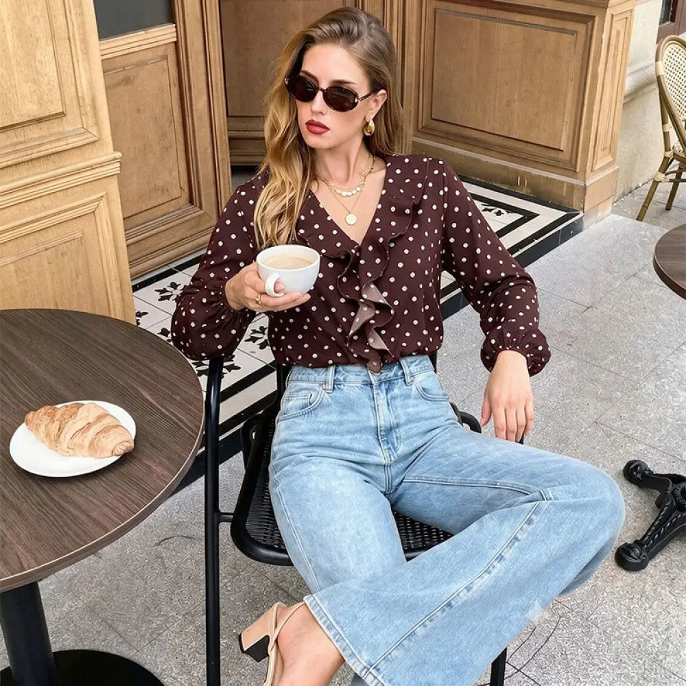 Women French Vintage Bodysuit V Neck Ruffle Shirt Romper Polka Dot Long Sleeve Slim Fit Elegant Casual Office Style Jumpsuit
