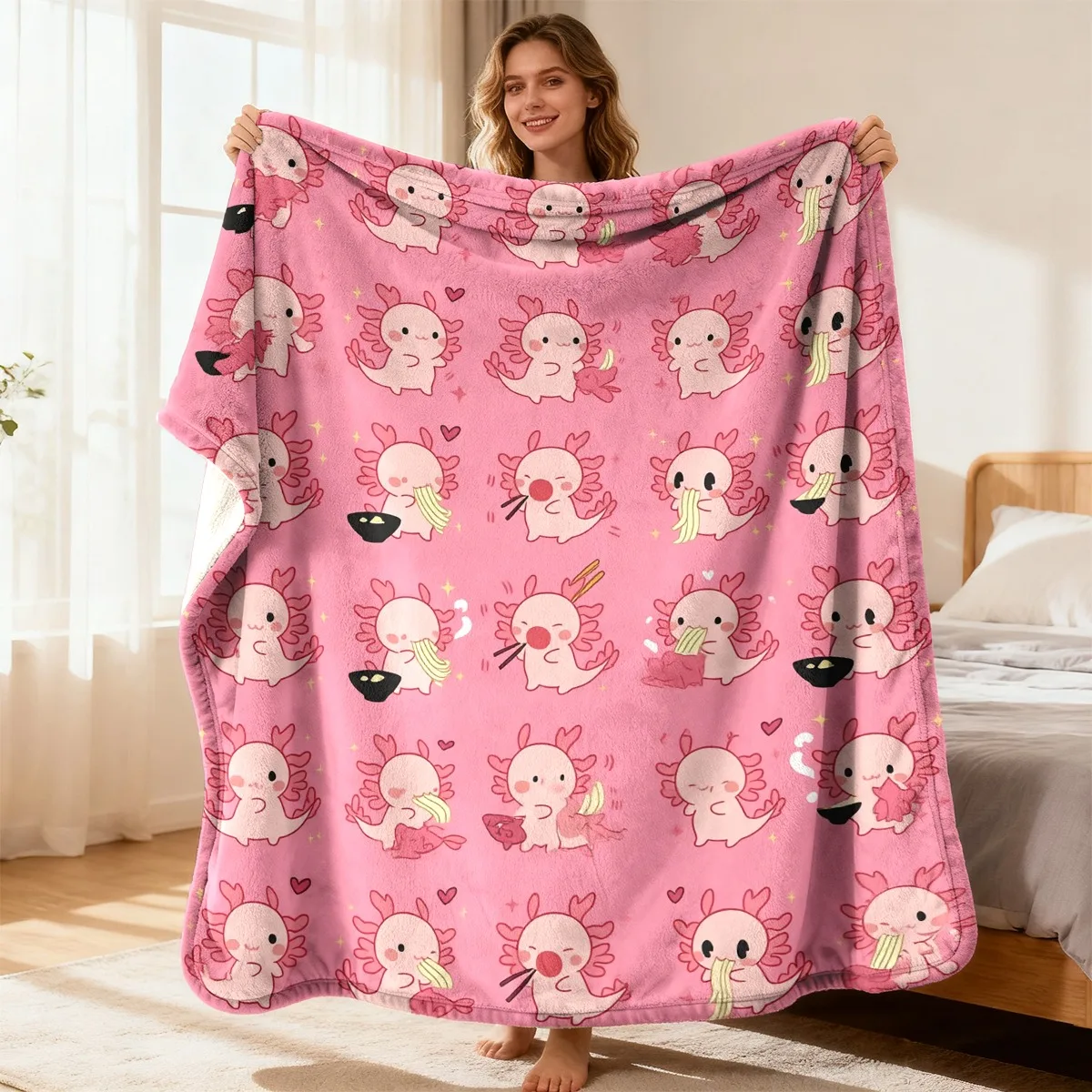 Cute Axolotl Feeding Blanket - Ultrasonic Embossed Adorable Pet Eating Pattern, Soft And Comfortable Flannel Bedspread for All S