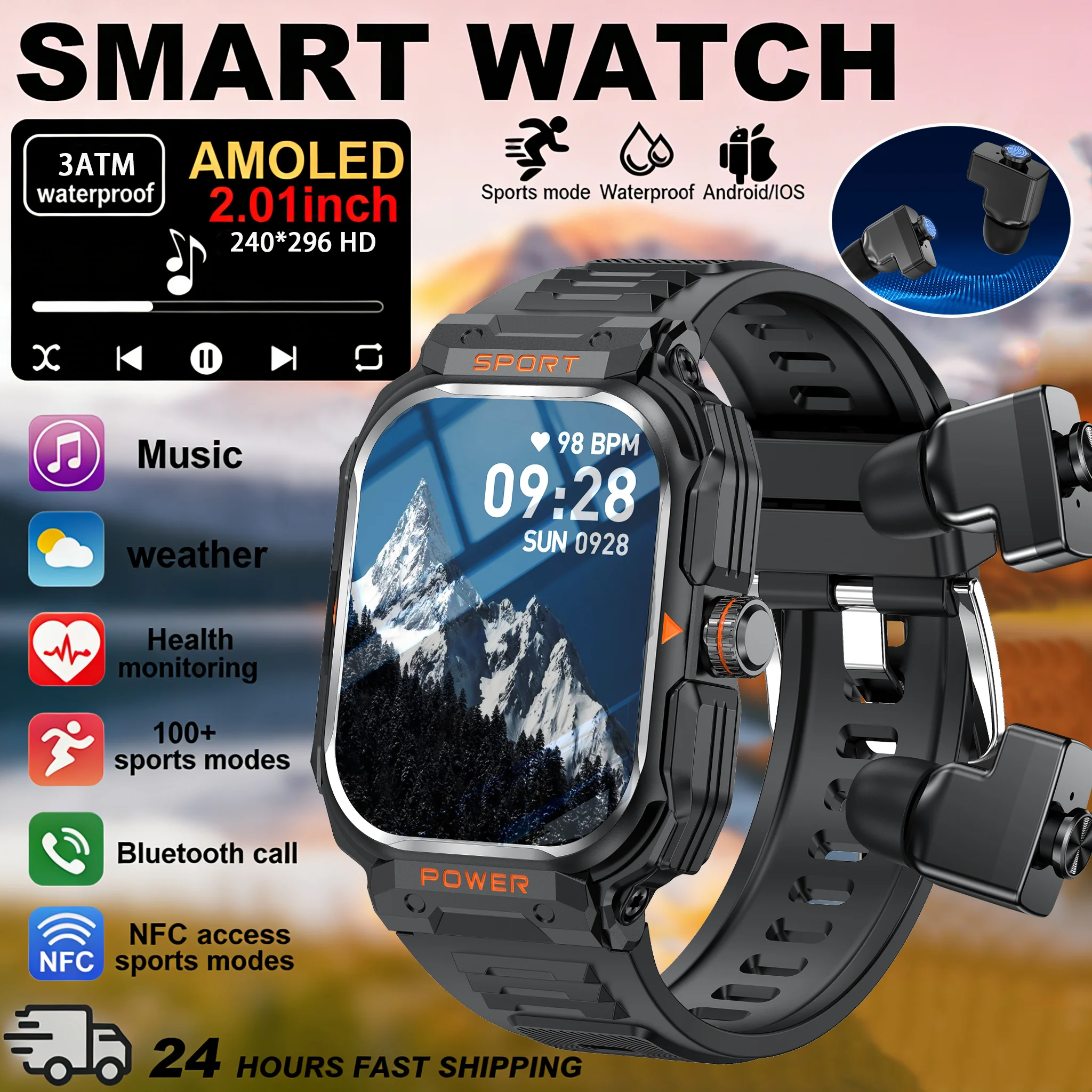 

NFC-гарнитура, умные часы 2 в 1, TWS, беспроводные наушники, локальный музыкальный вызов, мужские умные часы, мониторинг здоровья, водонепроницаемые спортивные часы