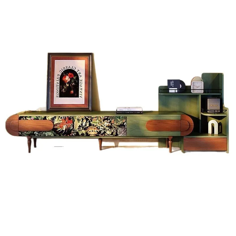 French retro solid wood TV cabinet, floor-to-ceiling small apartment living room antique combination ash wood floor cabinet